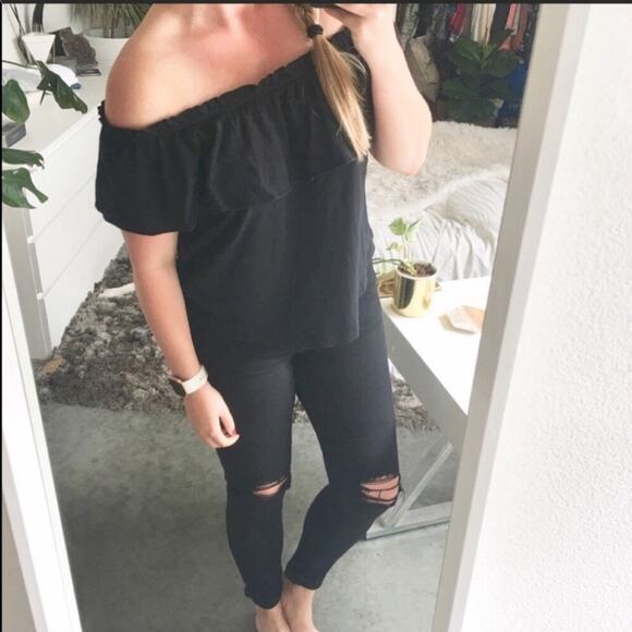 NEW REVOLVE Current/Elliott Black Ruffle Off Shoulder Top Blouse Shirt Cotton L - Picture 4 of 9